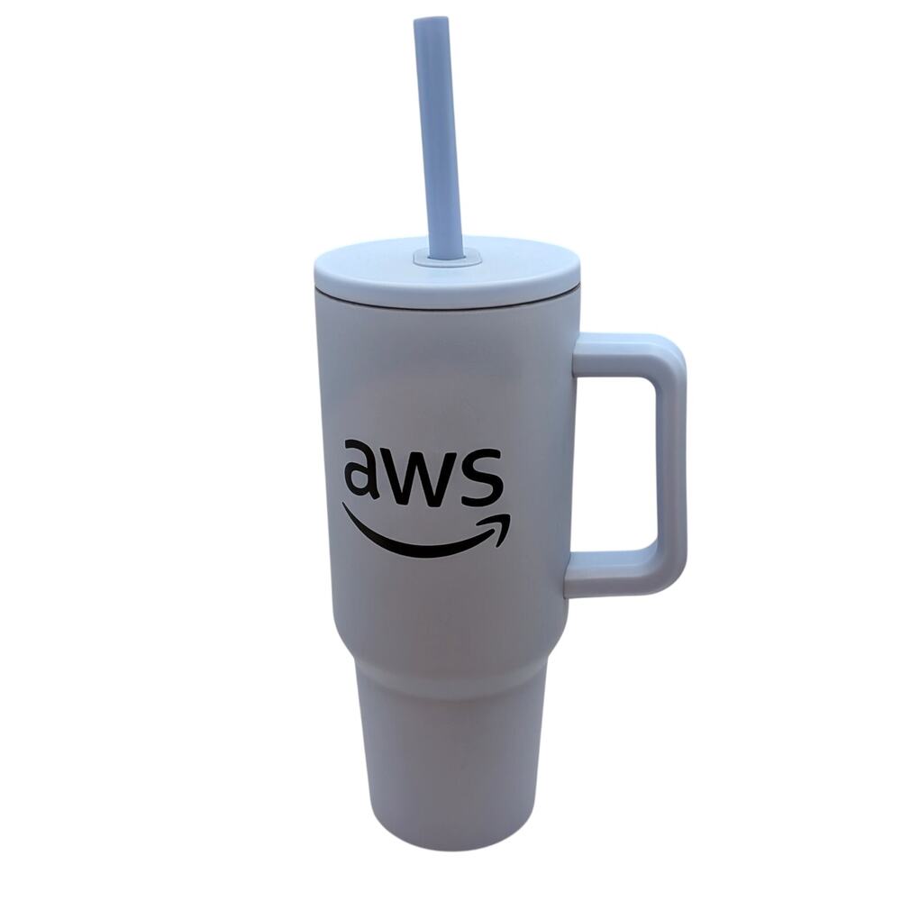 AWS re:Invent Swag Amazon Travel Mug with Straw Blue Promo 2024 Vegas Conference